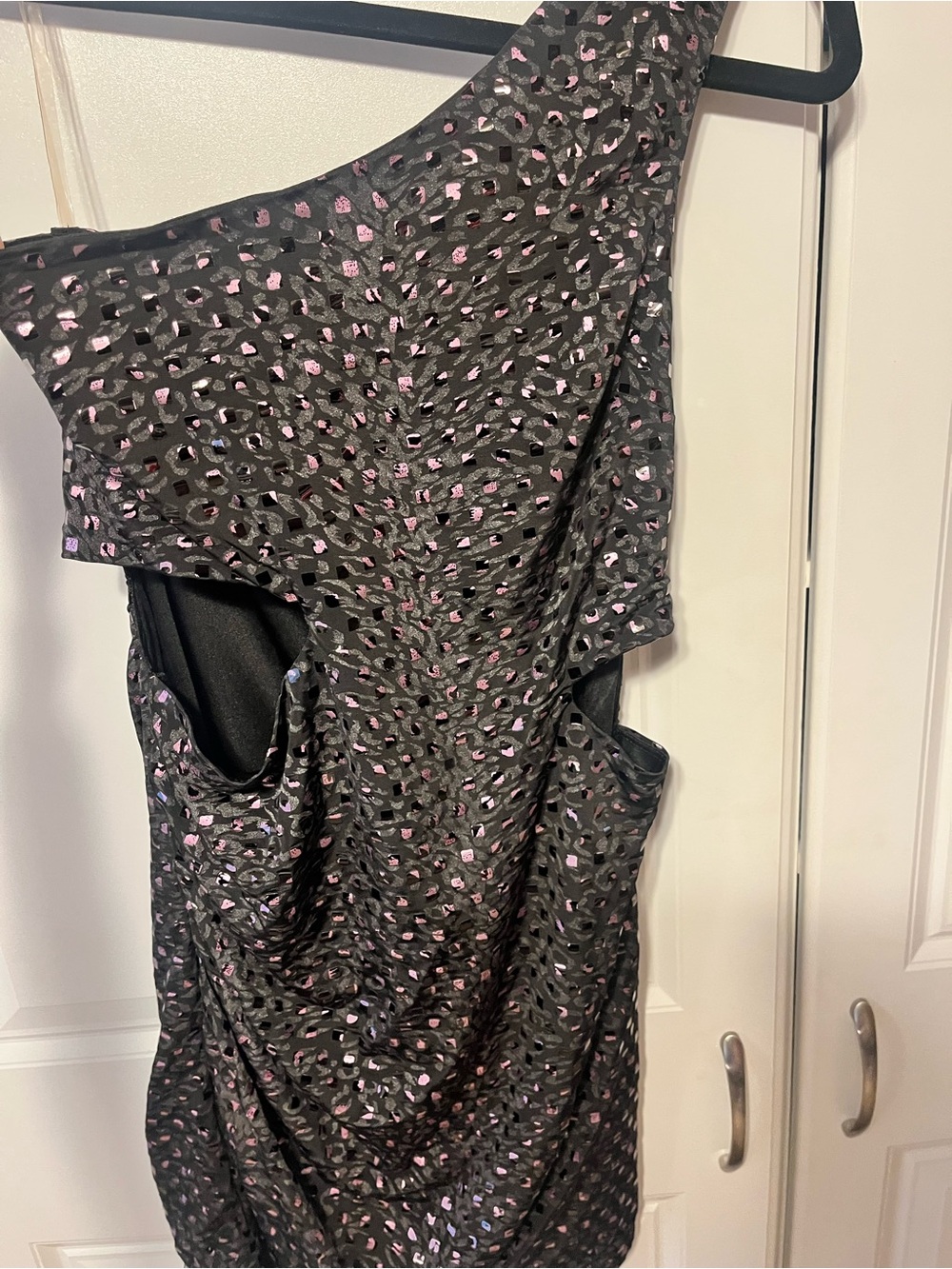 One-Shoulder Black Ruched Mini Dress with Pink metallic Accent-Ruby Rox-M - Picture 3 of 7